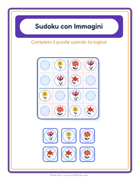 Anteprima della scheda di Sudoku Illustrato con Fiori per Scuola dell'infanzia (5-7 anni)