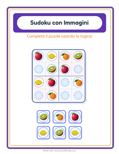 Anteprima della scheda di Sudoku Illustrato con Frutta per Scuola dell'infanzia (5-7 anni)