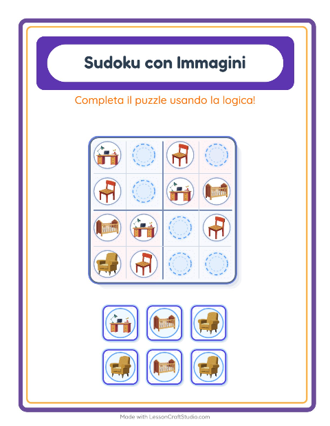 Anteprima della scheda di Sudoku Illustrato con Mobili per Scuola dell'infanzia (5-7 anni)