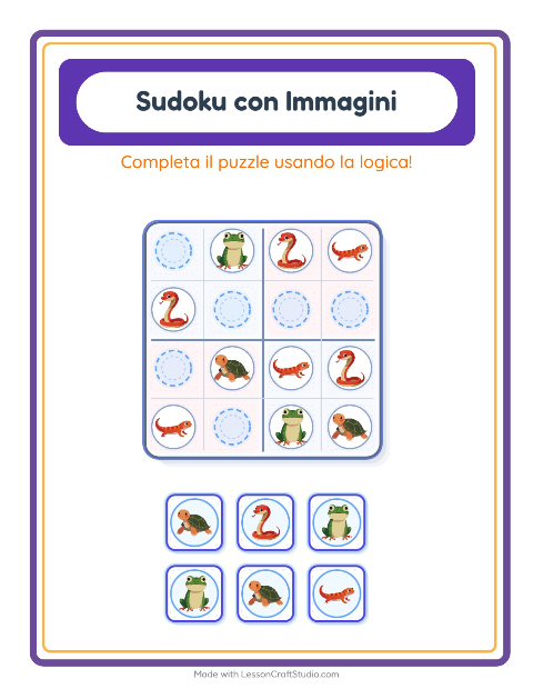 Anteprima della scheda di Sudoku Illustrato con Rettili e anfibi per Scuola dell'infanzia (5-7 anni)