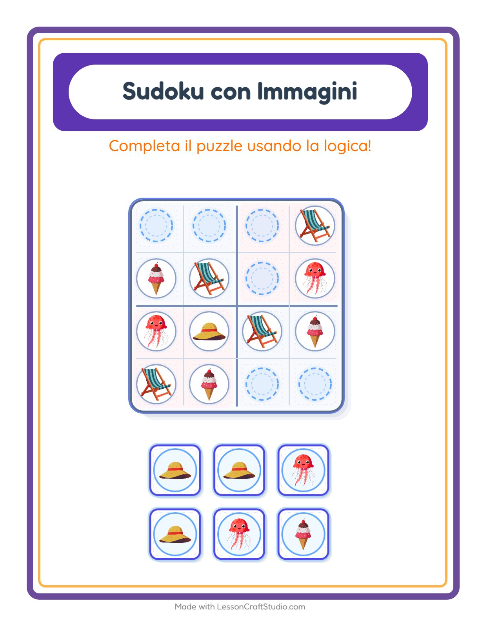 Anteprima della scheda di Sudoku Illustrato con Spiaggia per Scuola dell'infanzia (5-7 anni)