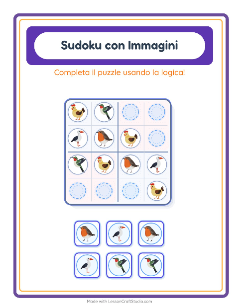 Anteprima della scheda di Sudoku Illustrato con Uccelli 2 per Scuola dell'infanzia (5-7 anni)