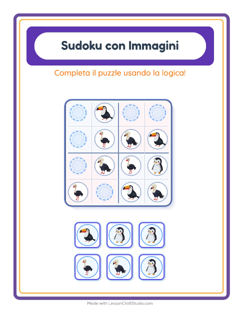 Anteprima della scheda di Sudoku Illustrato con Uccelli per Scuola dell'infanzia (5-7 anni)