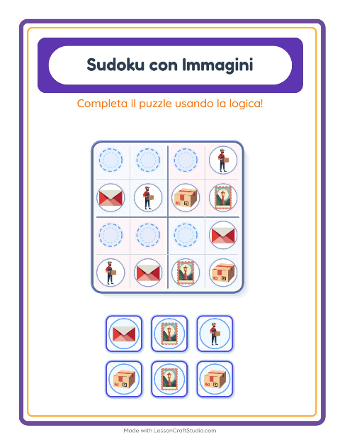 Anteprima della scheda di Sudoku Illustrato con Ufficio postale per Scuola dell'infanzia (5-7 anni)