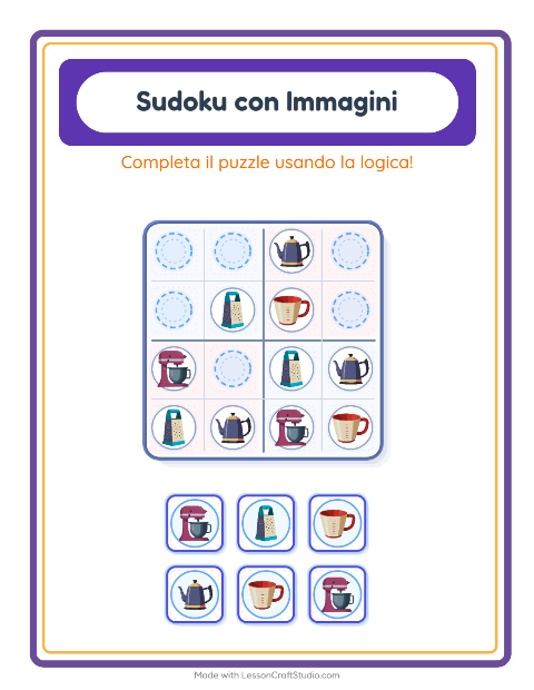 Anteprima della scheda di Sudoku Illustrato con Utensili da cucina per Scuola dell'infanzia (5-7 anni)