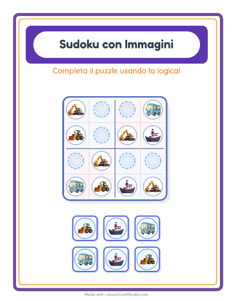 Anteprima della scheda di Sudoku Illustrato con Veicoli per Scuola dell'infanzia (5-7 anni)