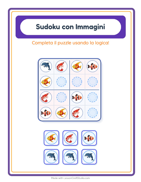 Anteprima della scheda di Sudoku Illustrato con Vita oceanica per Scuola dell'infanzia (5-7 anni)