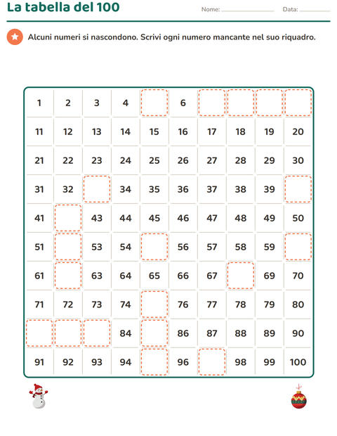 Anteprima della scheda di Tabella dei numeri con Natale per Scuola primaria classe prima