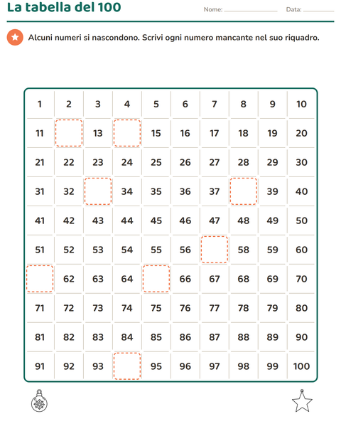 Anteprima della scheda di Tabella dei numeri con Natale B&N per Scuola primaria classe prima