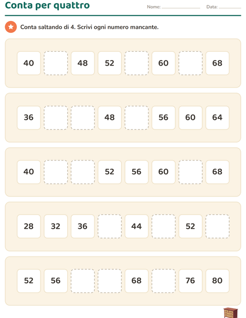 Anteprima della scheda di Tabella dei numeri con Mobili per Scuola primaria classe seconda