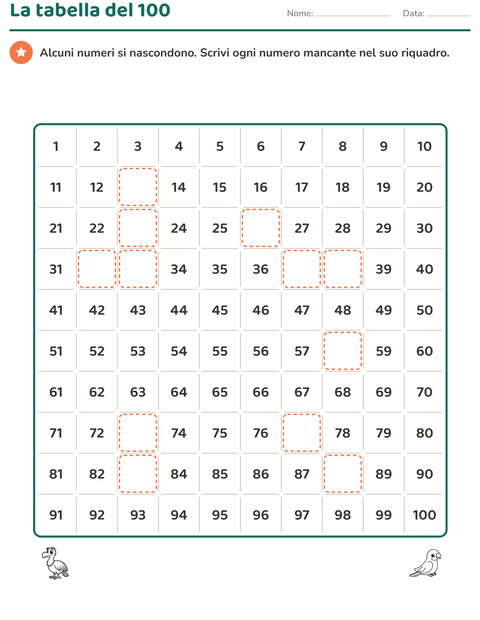 Anteprima della scheda di Tabella dei numeri con Uccelli B&N 2 per Scuola primaria classe prima