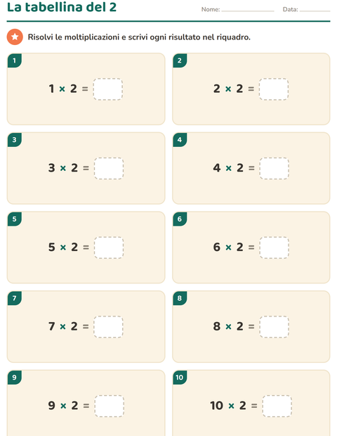 La tabellina del 2 da completare