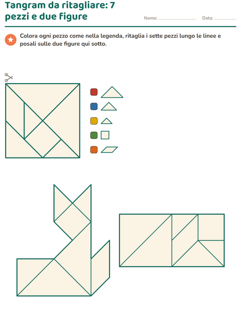 Tangram da ritagliare: sette pezzi e due figure