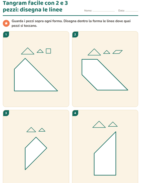 Tangram facile con due e tre pezzi: disegna le linee