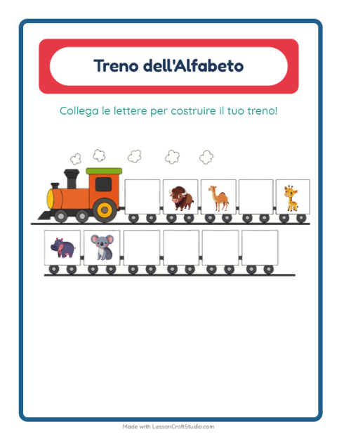 Anteprima della scheda di Treno Dell'alfabeto con Animali dello zoo per Scuola dell'infanzia (3-5 anni)