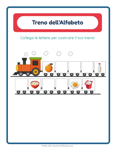 Anteprima della scheda di Treno Dell'alfabeto con Colazione per Scuola dell'infanzia (3-5 anni)