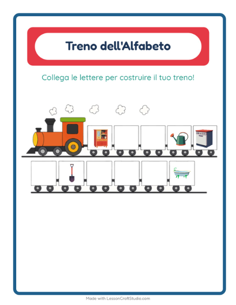 Anteprima della scheda di Treno Dell'alfabeto con In giro per casa per Scuola dell'infanzia (3-5 anni)