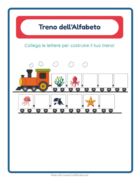 Anteprima della scheda di Treno Dell'alfabeto con Vita oceanica per Scuola dell'infanzia (3-5 anni)