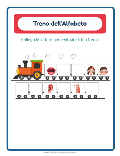Anteprima della scheda di Treno Dell'alfabeto con Parti del corpo per Scuola dell'infanzia (3-5 anni)