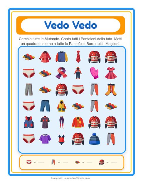 Anteprima della scheda di Trova E Conta con Abbigliamento per Scuola dell'infanzia (3-5 anni)