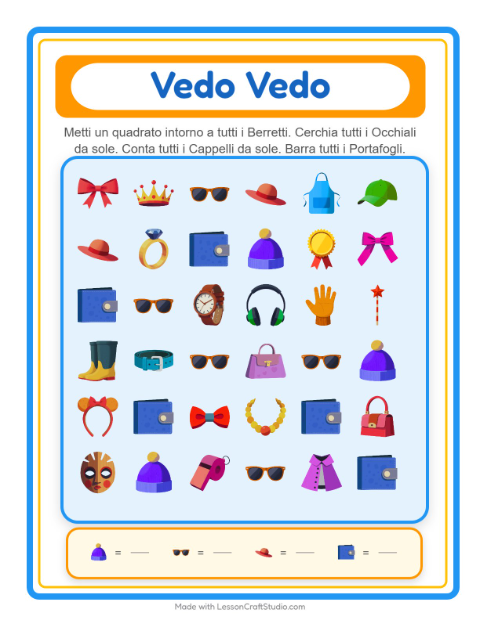 Anteprima della scheda di Trova E Conta con Accessori per Scuola dell'infanzia (3-5 anni)