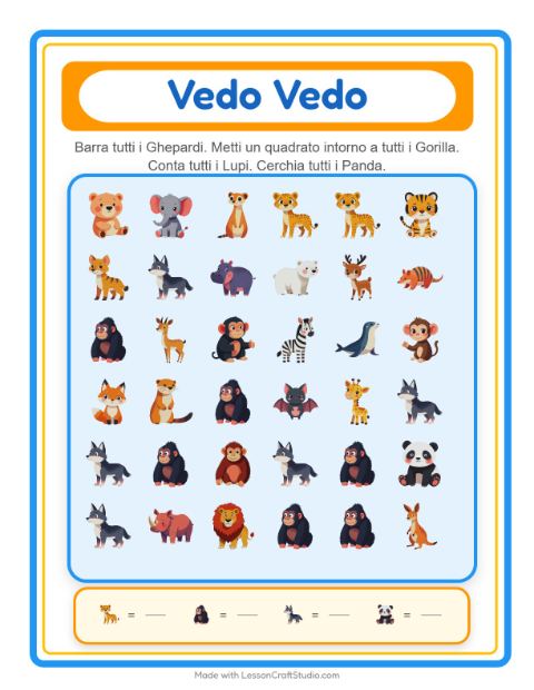 Anteprima della scheda di Trova E Conta con Animali dello zoo per Scuola dell'infanzia (3-5 anni)