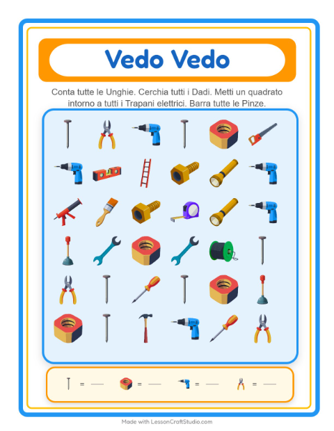 Anteprima della scheda di Trova E Conta con Attrezzi per Scuola dell'infanzia (3-5 anni)