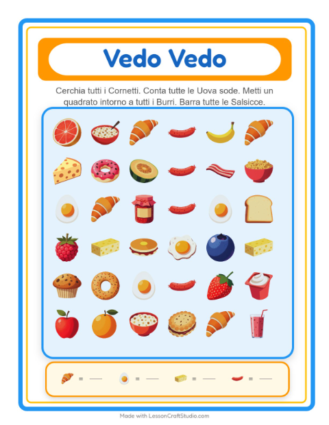 Anteprima della scheda di Trova E Conta con Colazione per Scuola dell'infanzia (3-5 anni)
