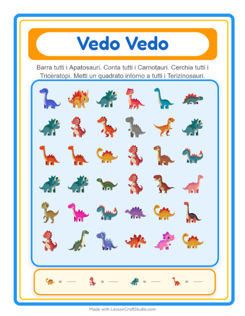 Anteprima della scheda di Trova E Conta con Dinosauri per Scuola dell'infanzia (3-5 anni)