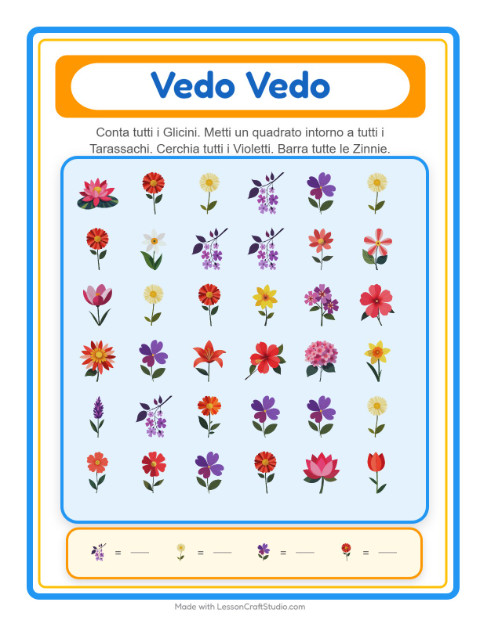 Anteprima della scheda di Trova E Conta con Fiori per Scuola dell'infanzia (3-5 anni)