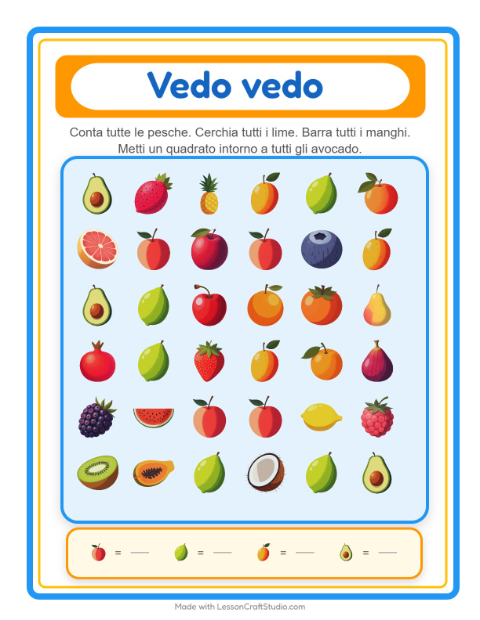 Anteprima della scheda di Trova E Conta con Frutta per Scuola dell'infanzia (3-5 anni)