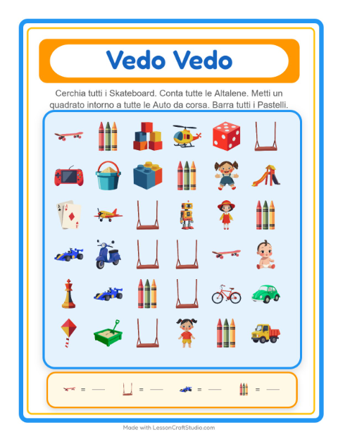 Anteprima della scheda di Trova E Conta con Giocattoli per Scuola dell'infanzia (3-5 anni)