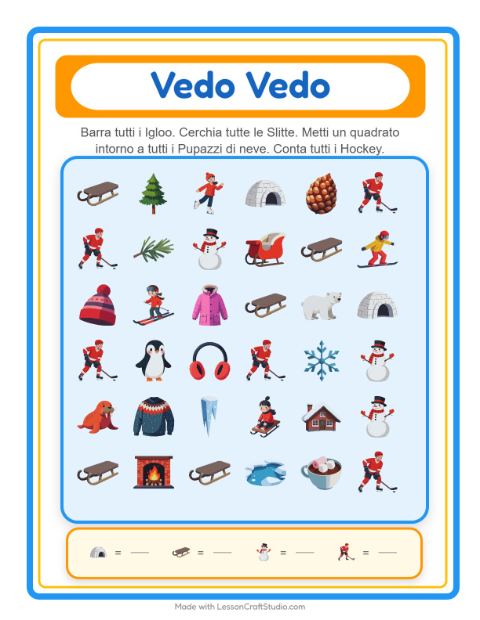 Anteprima della scheda di Trova E Conta con Inverno per Scuola dell'infanzia (3-5 anni)
