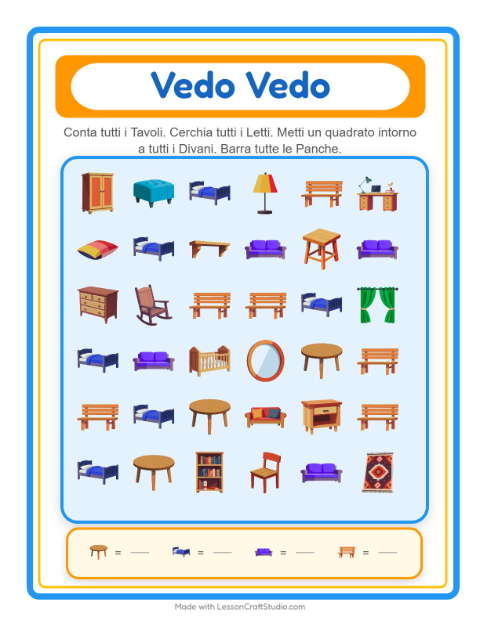 Anteprima della scheda di Trova E Conta con Mobili per Scuola dell'infanzia (3-5 anni)