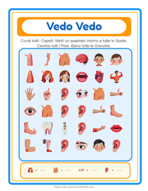 Anteprima della scheda di Trova E Conta con Parti del corpo per Scuola dell'infanzia (3-5 anni)