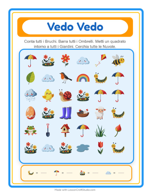 Anteprima della scheda di Trova E Conta con Primavera per Scuola dell'infanzia (3-5 anni)