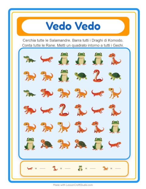 Anteprima della scheda di Trova E Conta con Rettili e anfibi per Scuola dell'infanzia (3-5 anni)