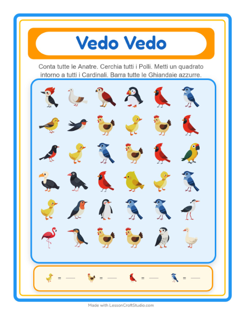 Anteprima della scheda di Trova E Conta con Uccelli 2 per Scuola dell'infanzia (3-5 anni)