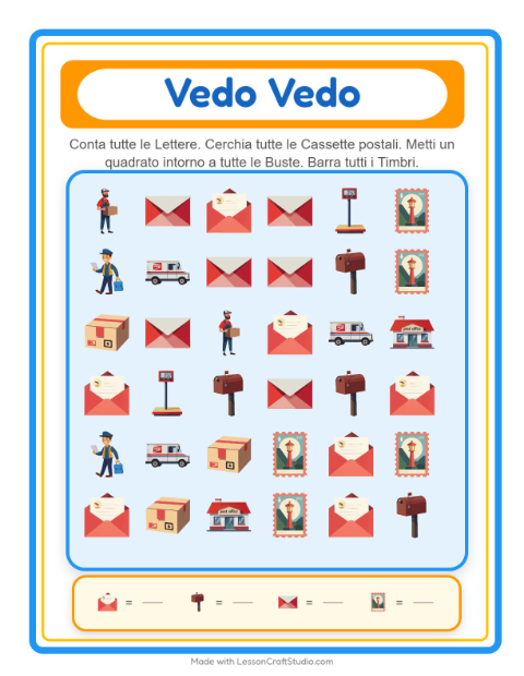 Anteprima della scheda di Trova E Conta con Ufficio postale per Scuola dell'infanzia (3-5 anni)