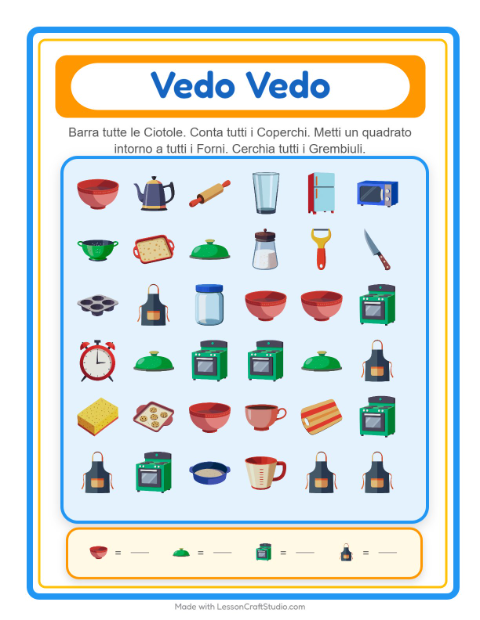 Anteprima della scheda di Trova E Conta con Utensili da cucina per Scuola dell'infanzia (3-5 anni)