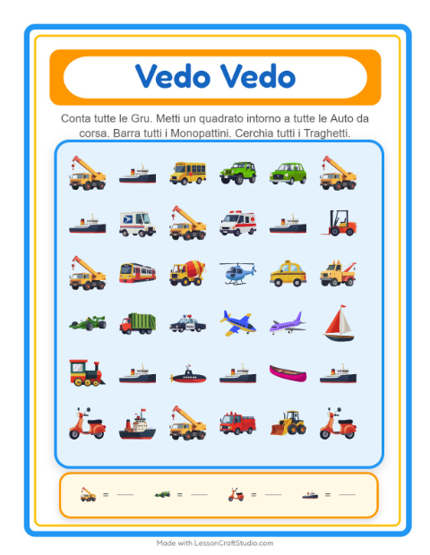 Anteprima della scheda di Trova E Conta con Veicoli per Scuola dell'infanzia (3-5 anni)