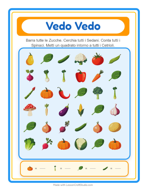 Anteprima della scheda di Trova E Conta con Verdure per Scuola dell'infanzia (3-5 anni)