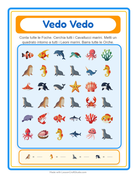 Anteprima della scheda di Trova E Conta con Vita oceanica per Scuola dell'infanzia (3-5 anni)