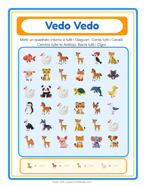 Anteprima della scheda di Trova E Conta con Animali per Scuola dell'infanzia (3-5 anni)