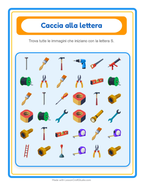 Anteprima della scheda di Trova E Conta con Attrezzi per Scuola dell'infanzia (3-5 anni)