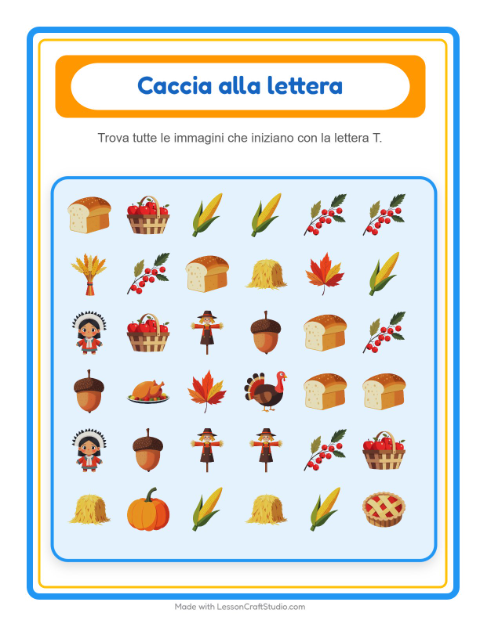 Anteprima della scheda di Trova E Conta con Giorno del Ringraziamento per Scuola dell'infanzia (3-5 anni)