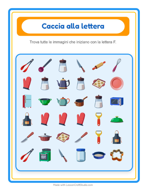 Anteprima della scheda di Trova E Conta con Utensili da cucina per Scuola dell'infanzia (3-5 anni)