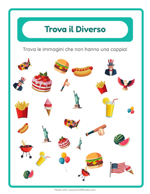 Anteprima della scheda di Trova Gli Oggetti con 4 luglio per Scuola dell'infanzia (5-7 anni)