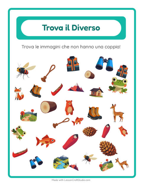 Anteprima della scheda di Trova Gli Oggetti con Campeggio per Scuola dell'infanzia (5-7 anni)