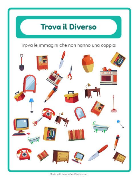 Anteprima della scheda di Trova Gli Oggetti con In giro per casa per Scuola dell'infanzia (5-7 anni)
